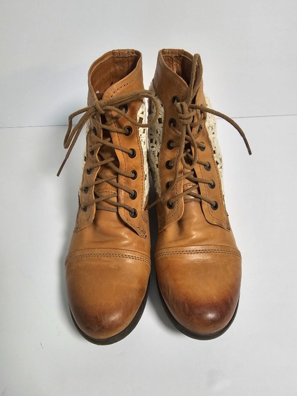 Steve Madden Thunder Bootie Crochet Leather Tan Granny Boho Prairie 8.5 - Picture 2 of 11